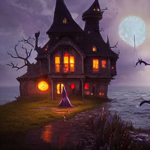 Image similar to a realistic scary witch in front of a witch house which is made out of candy, floating on the ocean, epic scene, fantasy, cinematic, hyper - detailed, in the style of greg rutkowski