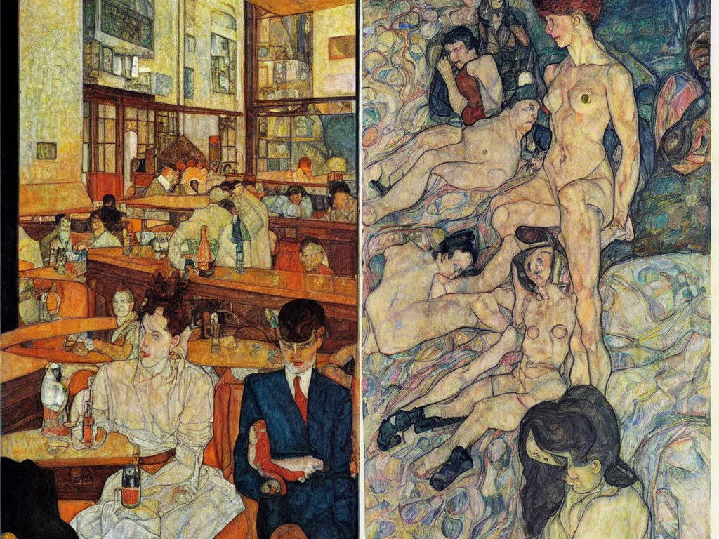 Prompt: glorious full page impressionist pencil illustration by egon schiele, surrealist tavern of the ancient gods by Edward Hopper, By Dean Ellis, By Jean Giraud