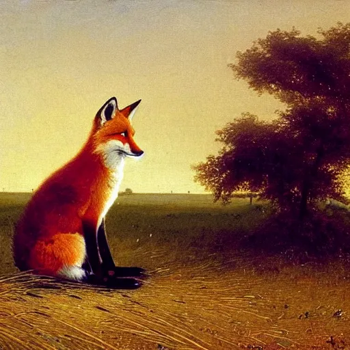 Image similar to a happy fox sitting in a wheat field, looking at the viewer, oil - on - canvas painting by carl spitzweg