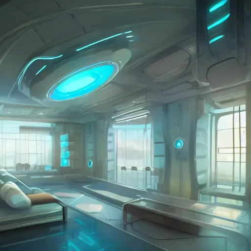 Prompt: futuristic room, crisp, artstation, luxury, beautiful, dim painterly lighting aquatic, 3 d concept art