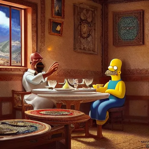 Image similar to Homer Simpson drinking tea in a Kurdish tea house, intricate, elegant, highly detailed, digital painting, artstation, concept art, matte, sharp focus, illustration, art by Artgerm and Greg Rutkowski and Enki Bilal