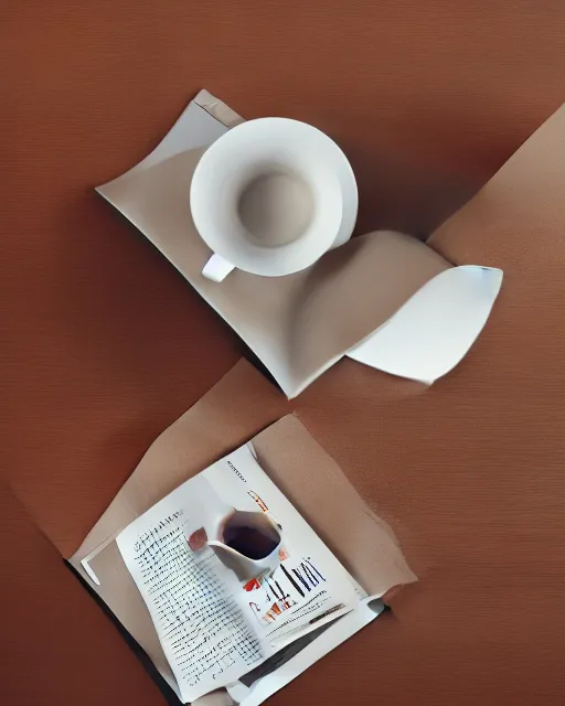 Image similar to 'a full view of a table with a magazine opened to a page with a picture of a coffee cup' clay sculpture, magazine, zoomed out, zoomed out, zoomed out