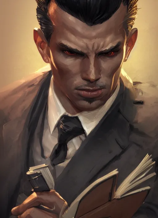 Prompt: a highly detailed illustration of fierce short black haired man wearing suit, dramatic reading book pose, muscular, intricate, elegant, highly detailed, centered, digital painting, artstation, concept art, smooth, sharp focus, league of legends concept art, WLOP