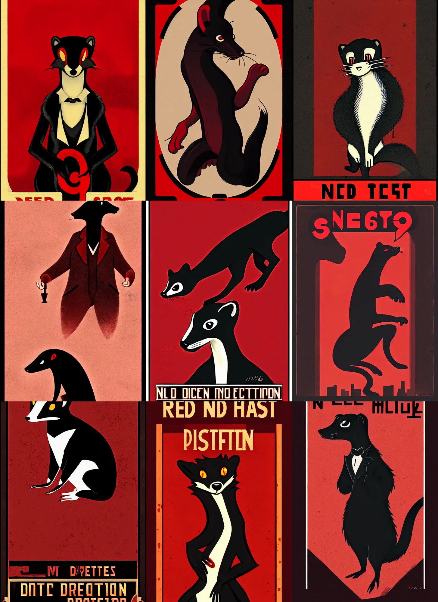 Prompt: red - and - black weasel / stoat fursona ( furry ), neo - noir setting, 1 9 2 0 s detective fiction cover art style