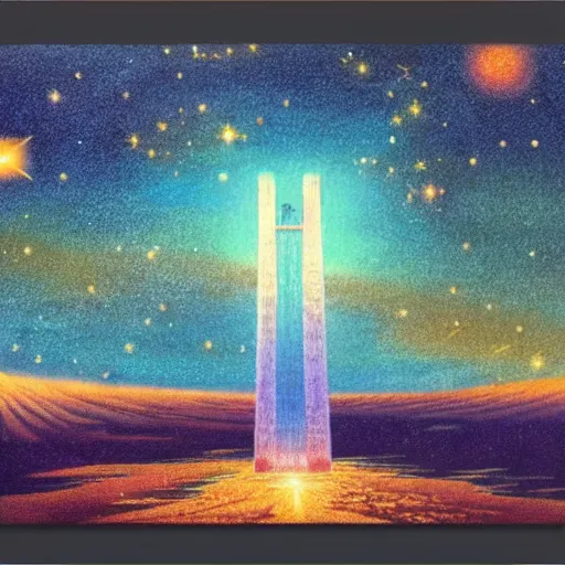 Image similar to a landscape pastel in the style of noriyoshi ohrai of an ancient holy tower, it has iridescent mana radiating from it. it is centered. the background is the starry sky at night. key art. 4 k retrofuturistic fantasy