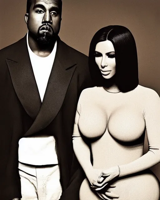 Prompt: kanye west and kim kardashian by grant wood