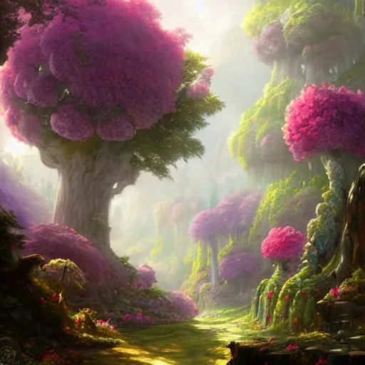 Image similar to a forest with giant flowers for trees, fantasy character portrait by tyler edlin, antoine blanchard, thomas cole