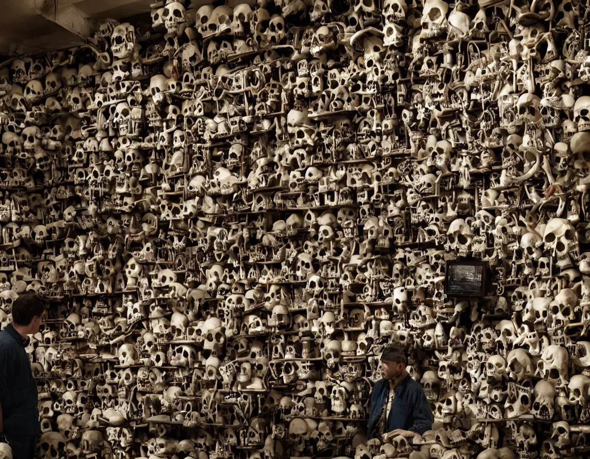 Prompt: mad scientist hunched over a table in his laboratory, surrounded by dozens of shelves of skulls, all different sizes and shapes. Eerie lighting, photographic, cinematic, dramatic, establishing shot