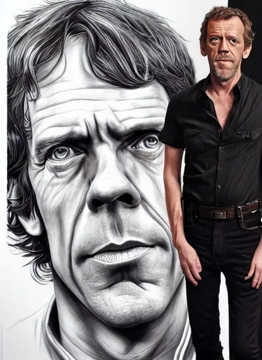 Prompt: portrait of hugh laurie as han solo in star wars, wearing han solos cloth, a black vest and white shirt, hyperrealistic, very detailed painting by glenn fabry, by joao ruas, by artgerm