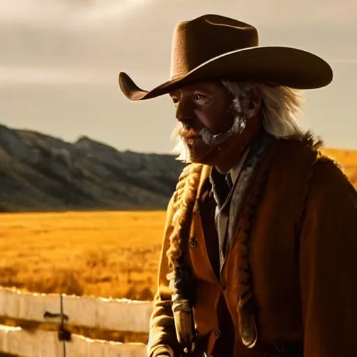 Image similar to Joe Biden as a Cowboy, gritty, sharp detail, epic, dramatic, western, yellow tint, cigar, movie still, serious,