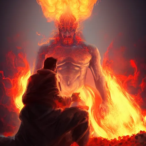 Image similar to a man kneeling before a gigantic god - like figure wrapped in smoke and flames. low - angle. artstation. digital art.