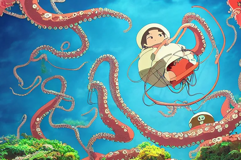 Image similar to screenshot from the studio ghibli film, my neighbor octopus, miyazaki movie, hi res 4 k animation