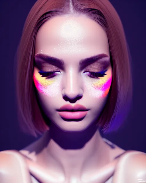 Image similar to beautiful female, attractive facial features, haze, model, intricate, symmetrical face, makeup, sephora, maybelline, studio, reflections, cinematic, filmic, vsco, concept art, artstation, elegant, model, gorgeous, vray, flim, octane render, ambient occlusion, prism details
