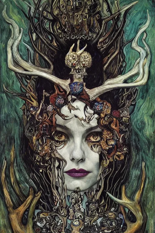 Image similar to The Queen of Bones by Karol Bak, Jean Deville, Gustav Klimt, and Vincent Van Gogh, portrait of a majestic demonic queen, beautiful vampire queen, jade green cat eyes on fire, mystic eye, otherworldly, crown made of bones, antlers, horns, ornate jeweled crown, skull, fractal structures, arcane, inscribed runes, infernal relics, ornate gilded medieval icon, third eye, spirals, rich deep moody colors