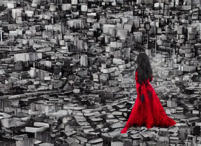 Image similar to mysterious sad rotten girl wrapped in smoke and a red dress is observing a big industrial city metropoli in the distance, cloudy sky, requiem for a dream