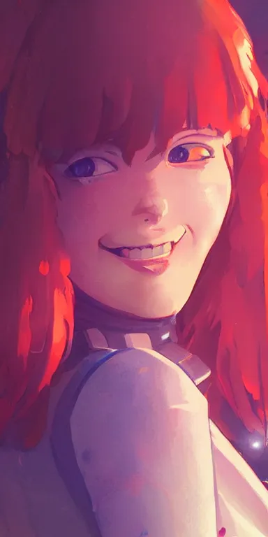 Image similar to synthwave concept art of young cute curvacious redhead cyborg woman softly smiling at camera wearing 🩳 and 👕 illustration illustration concept art anime by wlop and greg rutkowski and makoto shinkai and studio ghibli and kyoto animation acrylic on canvas