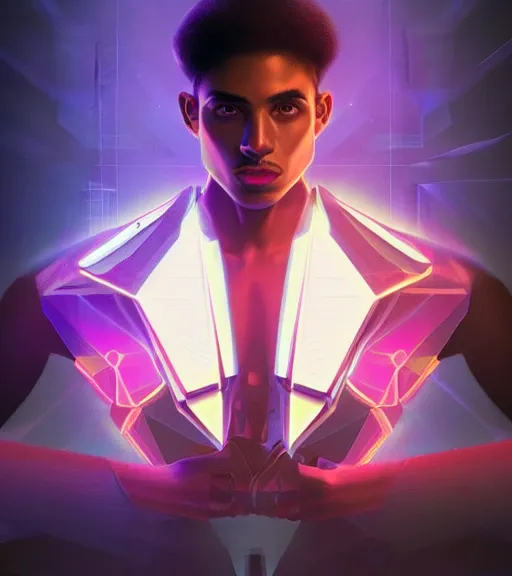 Image similar to symmetry!! egyptian prince of technology, solid cube of light, hard edges, product render retro - futuristic poster scifi, lasers and neon circuits, brown skin man egyptian prince, intricate, elegant, highly detailed, digital painting, artstation, concept art, smooth, sharp focus, illustration, dreamlike, art by artgerm