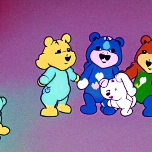 Image similar to appearance by the care bears in the moomin anime ( 1 9 8 2 ), pastel colours