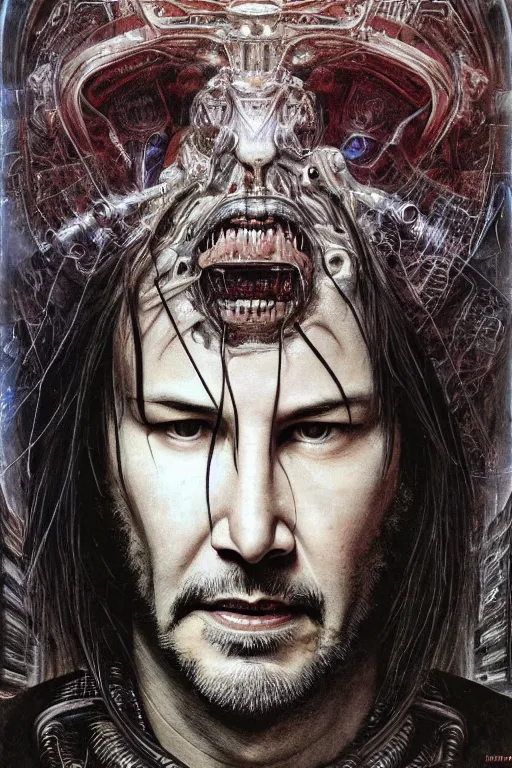 Image similar to portrait of keanu reeves, hyperdetailed, nightmare, abomination, ultrarealistic, cyberpunk, dramatic, symmetrical, by h. r. giger and zdislaw beksinski and artgerm, science fiction, alien, religious art, mandelbrot fractal, trending on deviantart