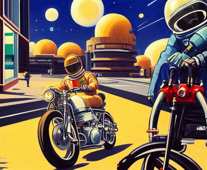 Image similar to a very detailed painting of a astronaut wearing a suit, riding a motorbike down a street, harley davidson motorbike, worm's - eye view, very fine brush strokes, very aesthetic, very futuristic, in the style of edward hopper and grant wood and syd mead, 4 k,