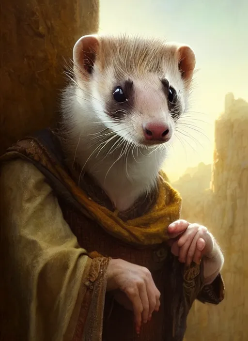 Prompt: a beautiful closeup shot from a fantasy film of a humanoid ferret wearing a loose tunic. an anthropomorphic ferret. portrait. james gurney, greg rutkowski.