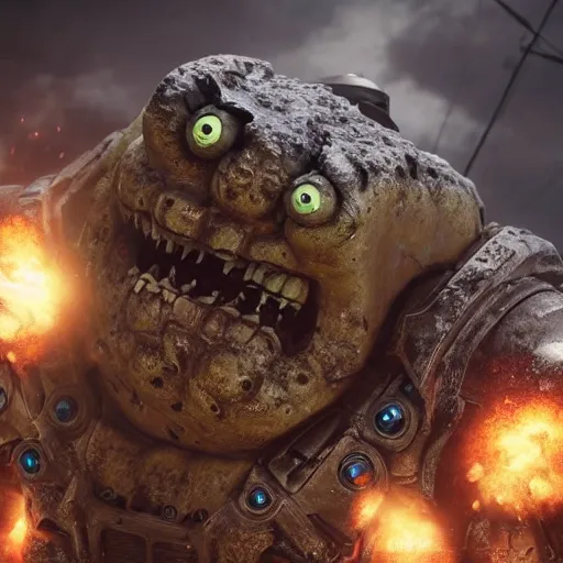 Image similar to evil large spongebob monster in gears of war, splash art, movie still, detailed face, photorealistic facial features, cinematic lighting, dramatic, octane render, long lens, shallow depth of field, bokeh, anamorphic lens flare, 8 k, hyper detailed, 3 5 mm film grain