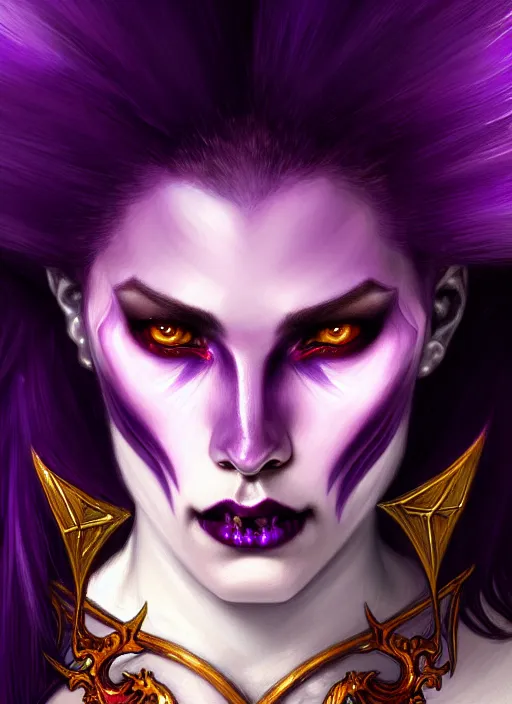 Image similar to close up character concept portrait of a vampire in amethyst armor with purple hair, strong, intricate, elegant, intense, stoic, highly detailed, digital painting, artstation, concept art, symmetry, smooth, sharp focus, illustration, black and red, art by gaston bussiere and alphone mucha