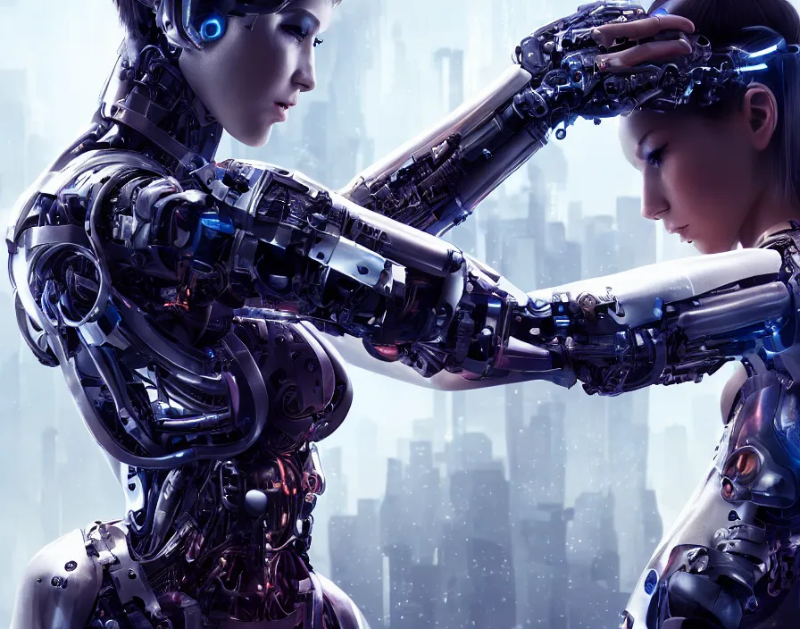 Prompt: a cyborg girl fixing her detached arm, cyberpunk, realistic fingers, realistic body, realistic clothing, beautiful texture, beautiful graphics, fantasy artwork, very beautiful scenery, hd, hdr, ue 5, ue 6, unreal engine 5, cinematic 4 k wallpaper, 8 k, ultra detailed