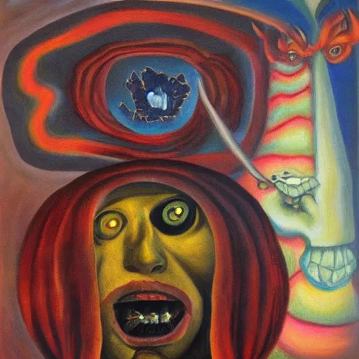 Image similar to portre of an autistic demon on acid, masonic and kabalistic symbols in background, oil painting