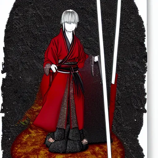 Image similar to samarai cloaked in white with swords, standing in light beam of a dark cave, ruby red sorrow, high quality, ultra detail