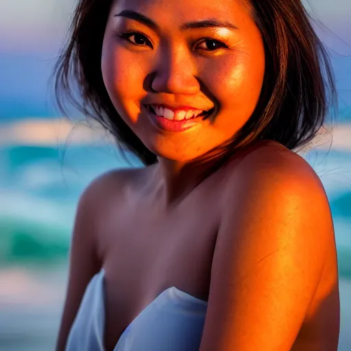 Prompt: a beautiful full body portrait of a smiling, slim, Filipina girl, beautiful detailed eyes, golden hour, standing on a beach in Boracay, outdoors, professional award winning portrait photography, Zeiss 150mm f/ 2.8 Hasselblad