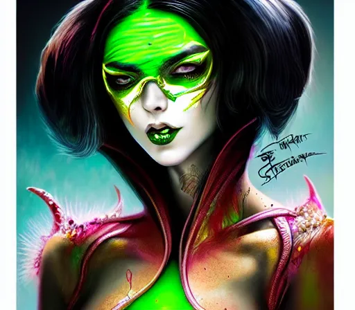 Image similar to a Demon Slayer portrait of Bayonetta , tall, pale-skinned, and slender woman with lime green eyes and long eyelashes by Stanely Artgerm,Tom Bagshaw,arthur adams,Carne Griffiths,trending on DeviantArt,street art,face enhance,chillwave,maximalist,full of color,glittering