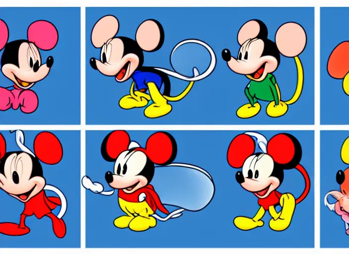 Image similar to mickie mouse in 2 d, side, front view, isometric, in the style of disney