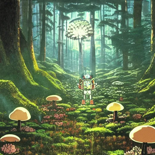 Prompt: a robot covered in moss and mushrooms lying in a forest, shafts of light god rays, painting by hayao miyazaki studio ghibli