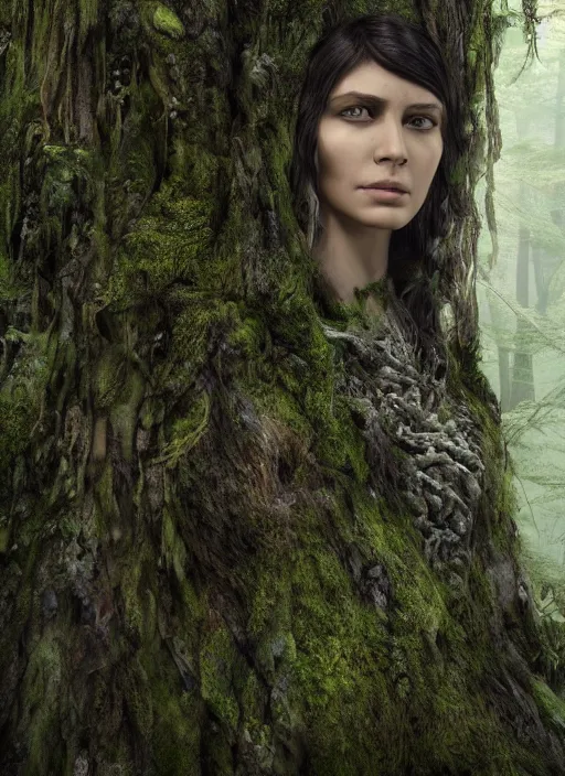 Image similar to photograph of hyperrealistic hyperdetailed ancient woman face in the shape of a tree covered with bark and moss, in a dark mysterious forest, unreal engine, octane,