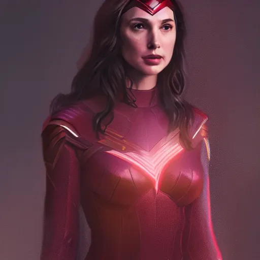 Image similar to a potrait of Gal Gadot as Scarlet witch by Greg Rutkowski, Sung Choi, Mitchell Mohrhauser, Maciej Kuciara, Johnson Ting, Maxim Verehin, Peter Konig, 8k photorealistic, cinematic lighting, HD, high details, dramatic, trending on artstation, full body shot