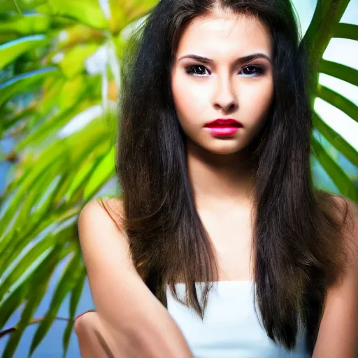 Prompt: a portrait photo of a beautiful young woman in a futuristic tropical city, very sharp and detailed image, award winning