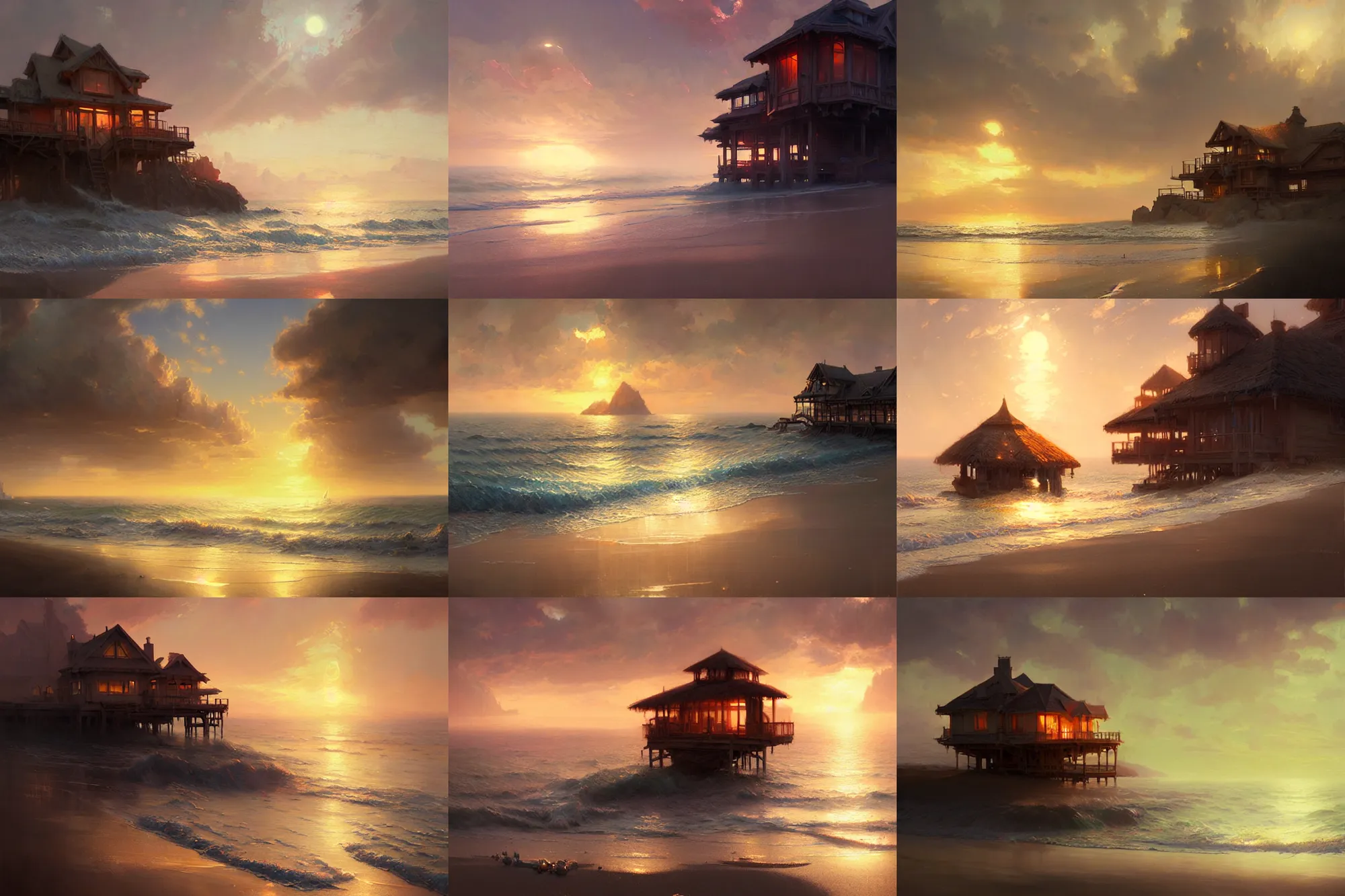 Image similar to beach house at sunset, highly detailed, lens flare, bloom, fantasy, digital painting, concept art, matte, art by ruan jia and wlop and greg rutkowski, masterpiece