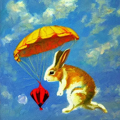 Prompt: a parachuting rabbit, impressionist paintings