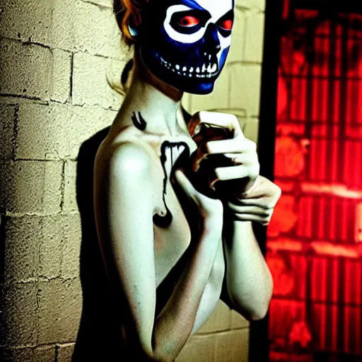 Image similar to female Samara Weaving with skull face paint, symmetrical face, symmetrical body, natural hands and arms, holding a shotgun, in a battle pose, in an alleyway during The Purge, night time dark with neon colors, fires, Gottfried Helnwein, Norman Rockwell