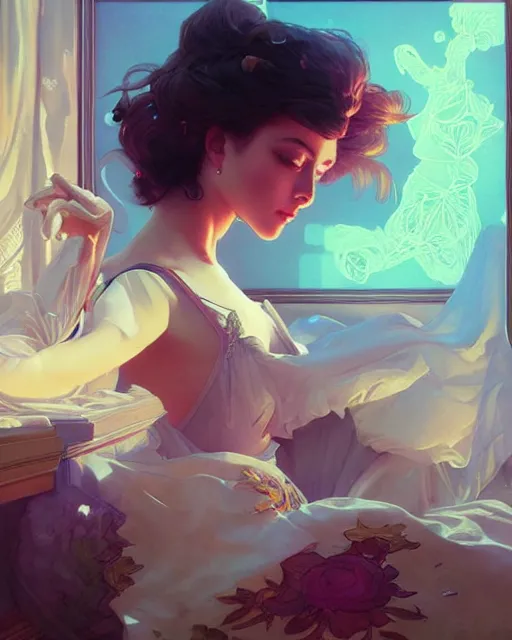 Image similar to princess, posing, vaporwave, bedroom, highly detailed, digital painting, artstation, concept art, smooth, sharp focus, illustration, art by artgerm and greg rutkowski and alphonse mucha