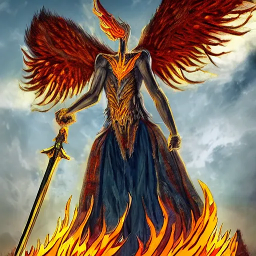 a flaming bright huge towering humanoid winged entity | Stable ...