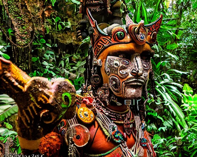 Image similar to mayan jaguar warrior exploring an alien garden las pozas, 1 9 7 0's sci - fi, lofi technology, deep aesthetic colors, 8 k, highly ornate intricate details, extreme detail,