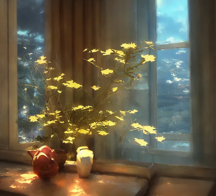 Prompt: a beautiful still life painting by Makoto Shinkai; extraordinary masterpiece!!!!!