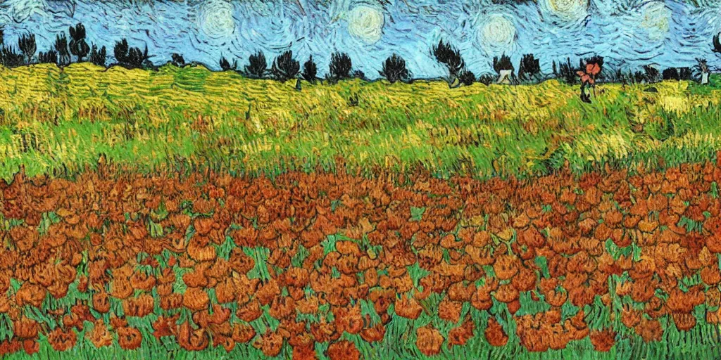 Prompt: on a sunny day, a field full of cats and flowers, in the style of Van Gogh