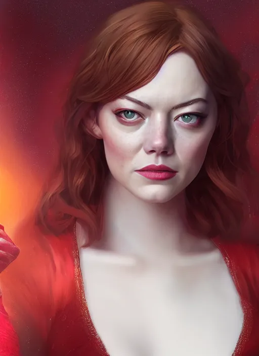 Image similar to portrait of emma stone as scarlet witch, hyper detailed, digital art, trending in artstation, cinematic lighting, studio quality, smooth render, unreal engine 5 rendered, octane rendered, art style by klimt and nixeu and ian sprigger and wlop and krenz cushart.