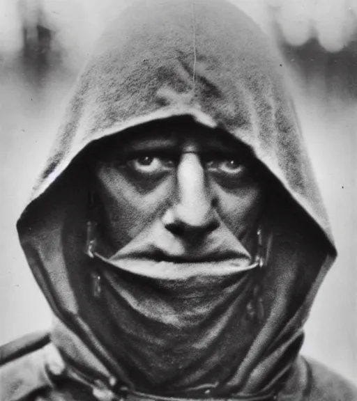 Image similar to a man at distance wearing hooded mask covering his entire face, ww1 film photo, grainy, high detail, high resolution