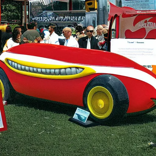 Prompt: car show photograph of a failed concept of the Oscar Mayer Wienermobile that was too weird, too many wheels, too many parts