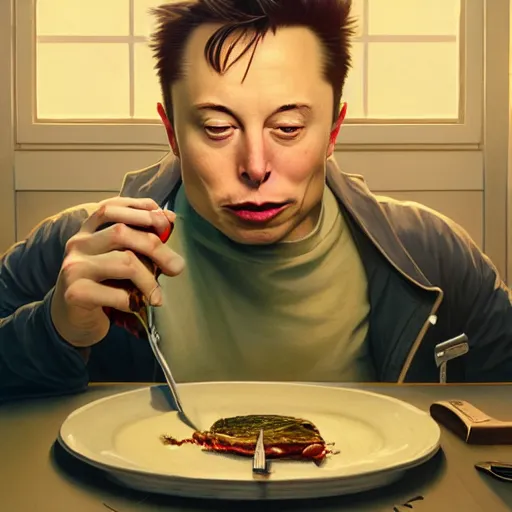 Image similar to elon musk eating a pickle, highly detailed vfx portrait, unreal engine, greg rutkowski, loish, rhads, caspar david friedrich, makoto shinkai and lois van baarle, ilya kuvshinov, rossdraws, elegent, tom bagshaw, alphonse mucha, global illumination, detailed and intricate environment.