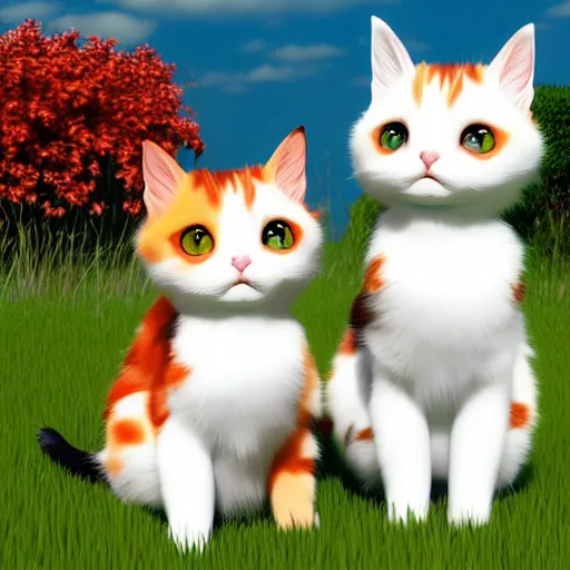 Prompt: two cute calico cats looking at eachother outside in the grass on a beautiful day, two multi - colored calico cats, artstation, cgsociety, storybook art